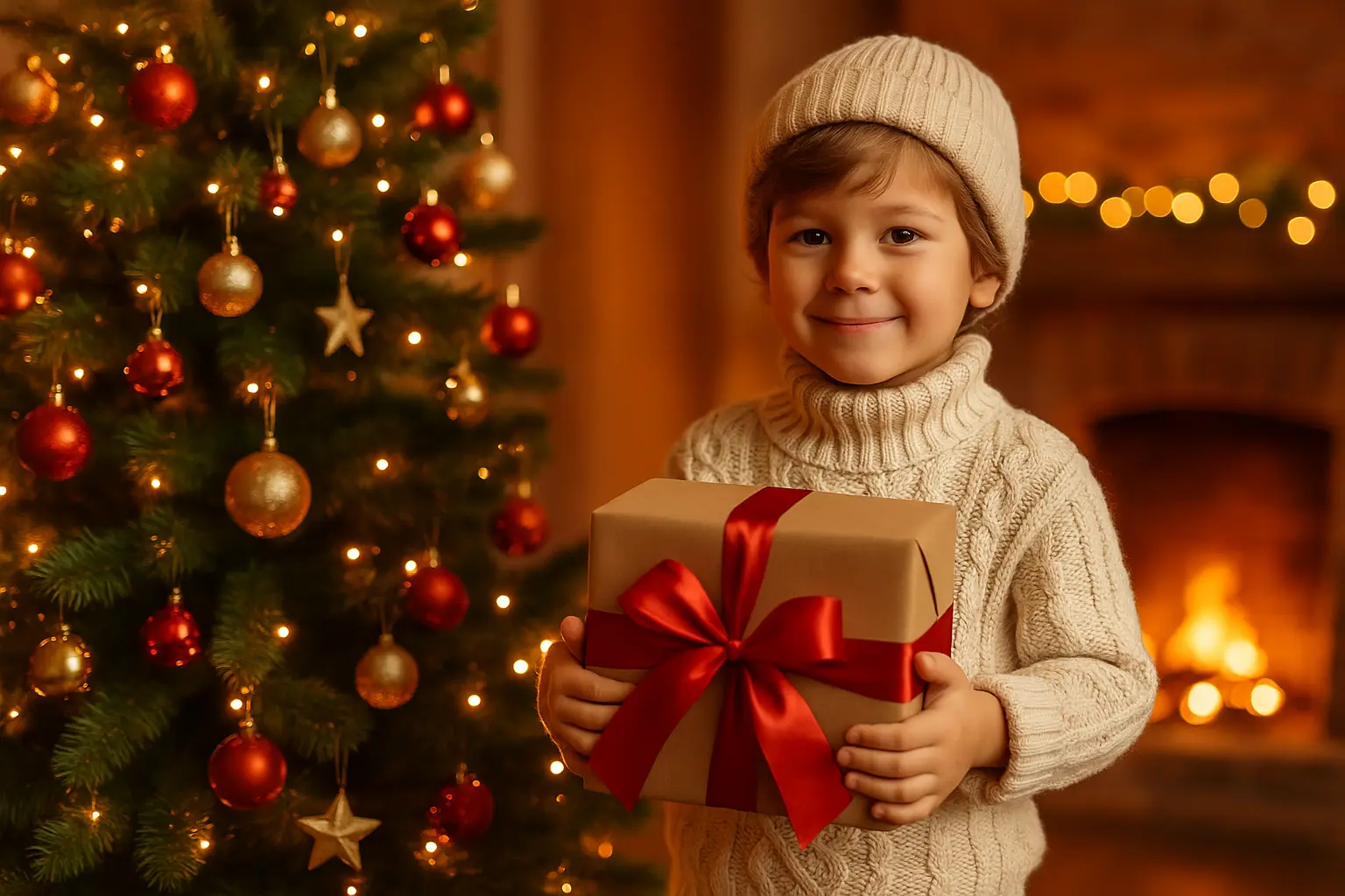 Novogodišnji pokloni za decu -dete drži novogodišnji poklon pored božićne jelke u svom toplom domu.